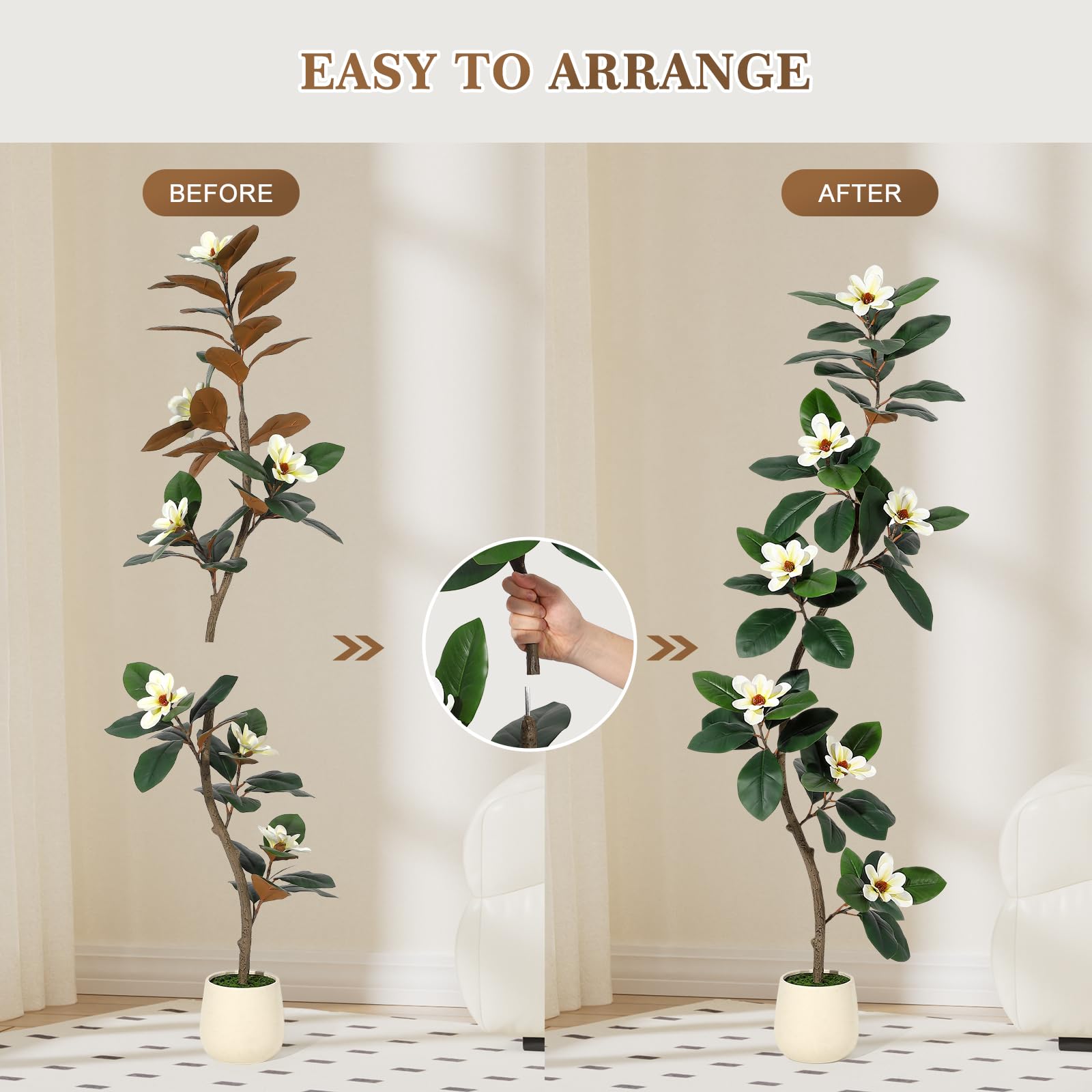 Garvee Arbre artificiel caoutchouc 183 cm en pot blanc, plante d’intérieur avec 7 fleurs de magnolia, idéale salon, bureau et décoration maison.
