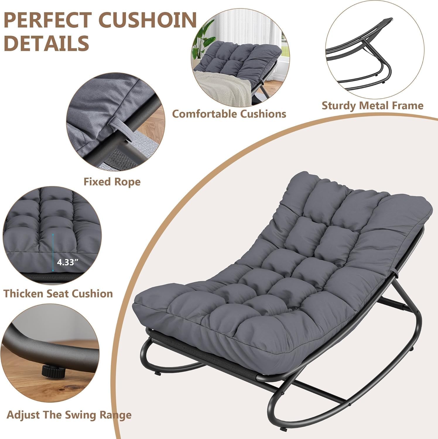 Fauteuil à bascule d'extérieur Garvee, structure en métal, réglable, imperméable, confortable, capacité de 204 kg, gris foncé, pour terrasse, jardin, salon