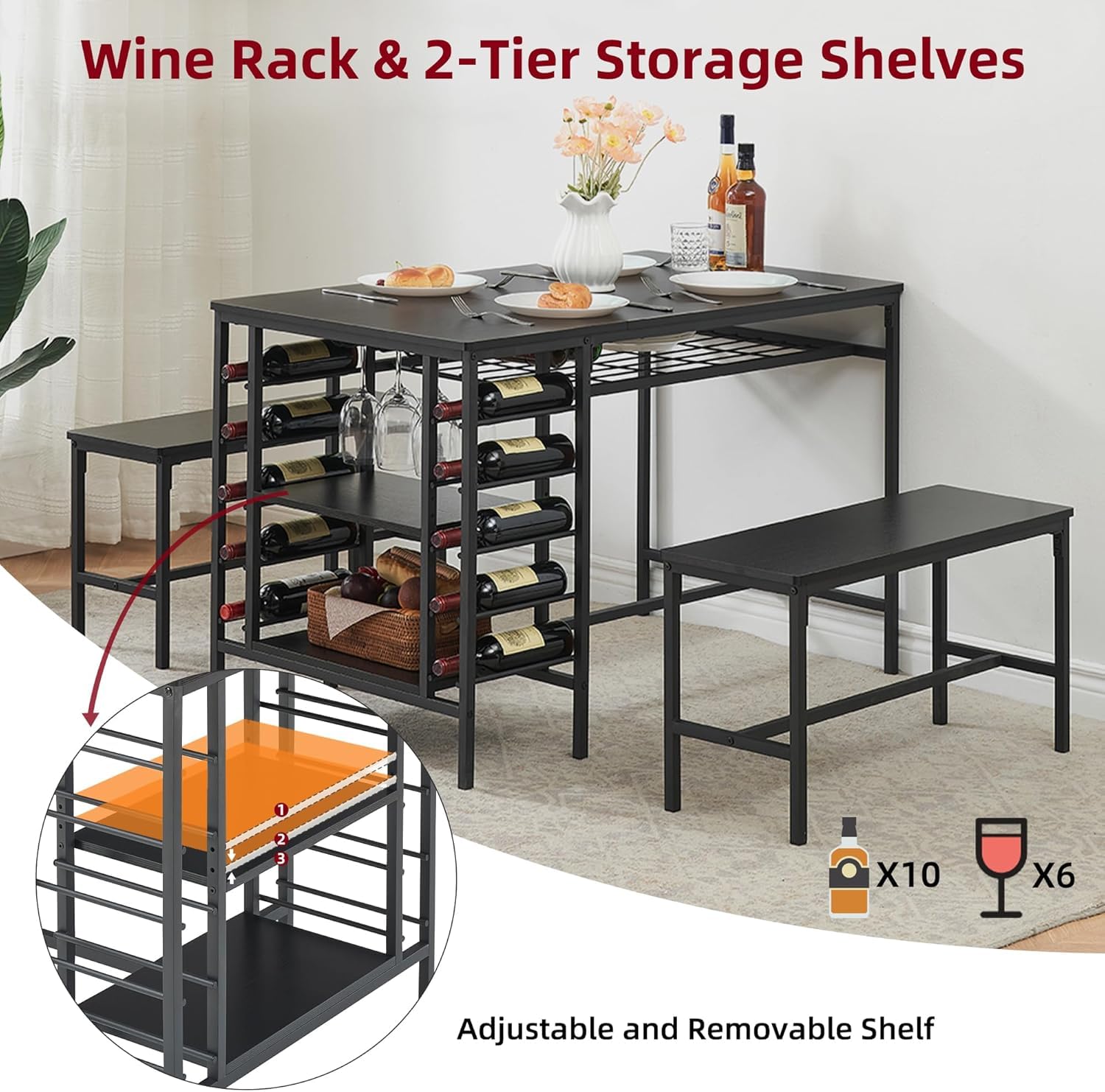 Ensemble de salle à manger Garvee pour 4 personnes avec casier à vin, espace de rangement, métal et bois, gain de place, robuste, idéal pour les petites pièces