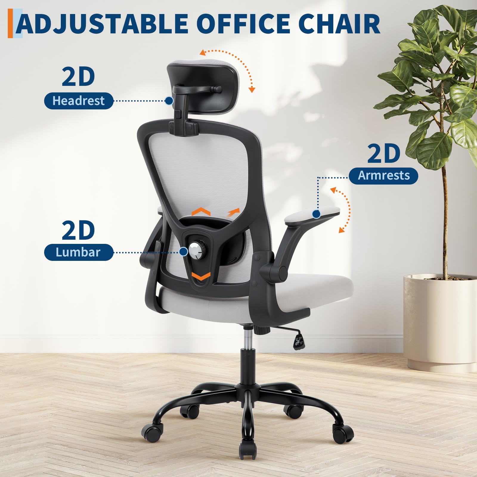 Chaise de bureau ergonomique Garvee avec soutien lombaire et appui-tête réglables, maille respirante, accoudoirs pliables, pivotante, grise, bureau