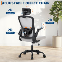 Chaise de bureau ergonomique Garvee avec soutien lombaire et appui-tête réglables, maille respirante, accoudoirs pliables, pivotante, grise, bureau