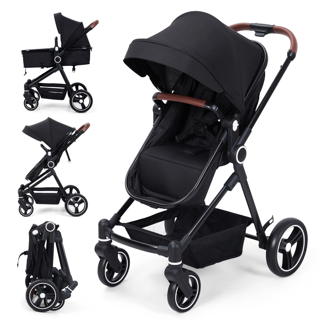 Garvee Cochecito Baby 2 en 1 Ultracompacta Ligero Reversible Aluminio Negro Para Recién Nacido Hasta 3 Años Paseos Urbanos
