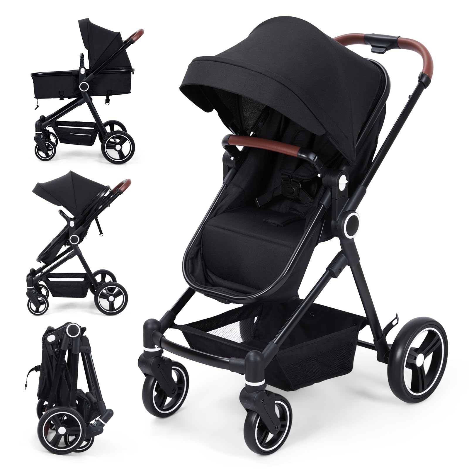 Garvee Poussette Bébé 2 en 1 S600, Assise Haute Vision, Système de Voyage Compact et Léger, Réversible, Pliable, Noir