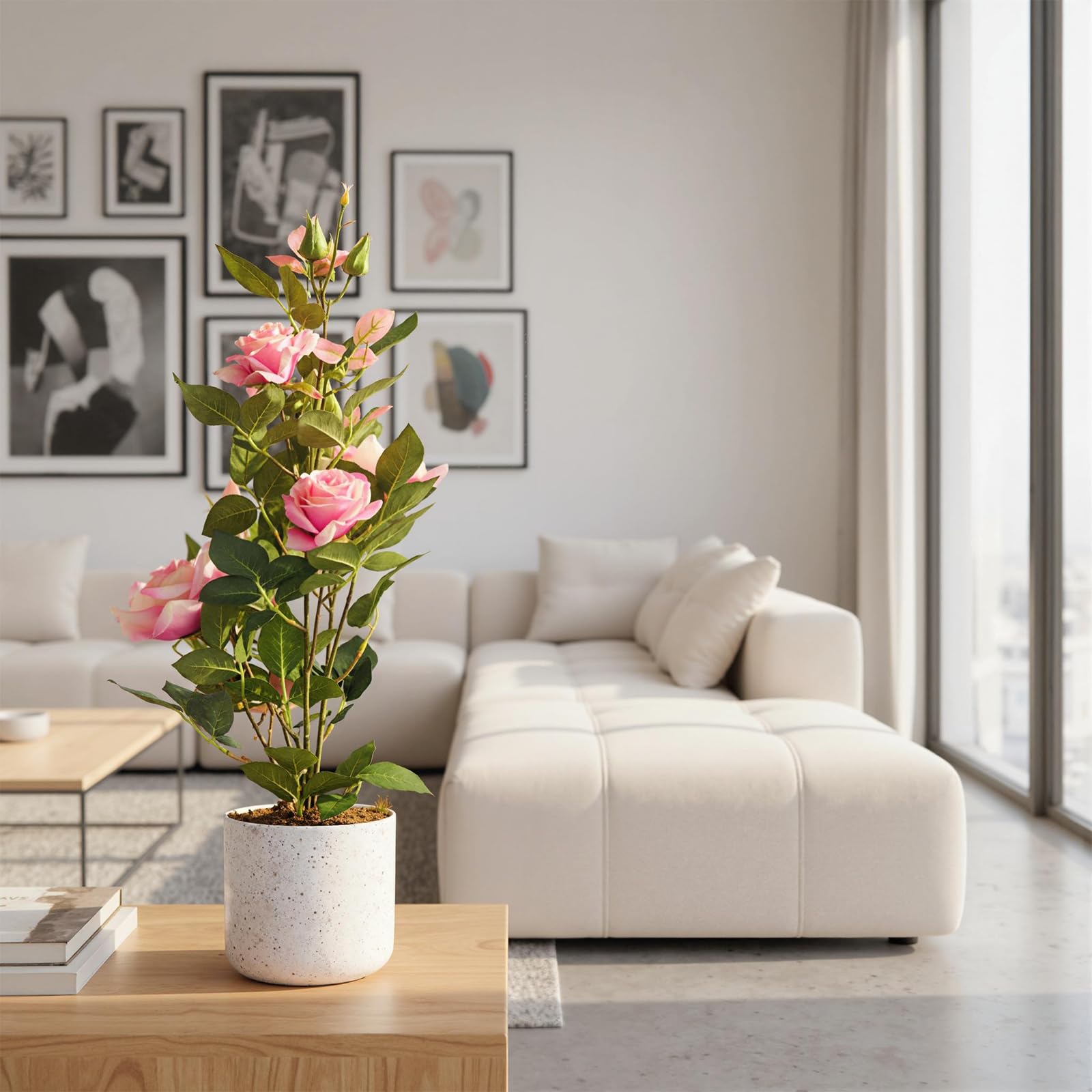 Rosier artificiel Garvee de 50 cm (lot de 2) avec fleurs roses, résistant aux intempéries, pot en plastique blanc pour intérieur et balcon.