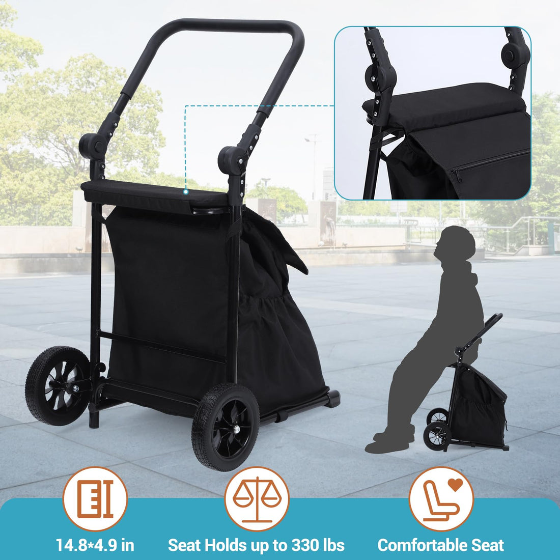 Chariot de courses pliable 2 en 1 Garvee avec siège, sac étanche de 123 L, capacité de charge de 60 kg, cadre en métal, roues tout-terrain de 17 cm, pliable pour les courses et les activités de plein air, noir