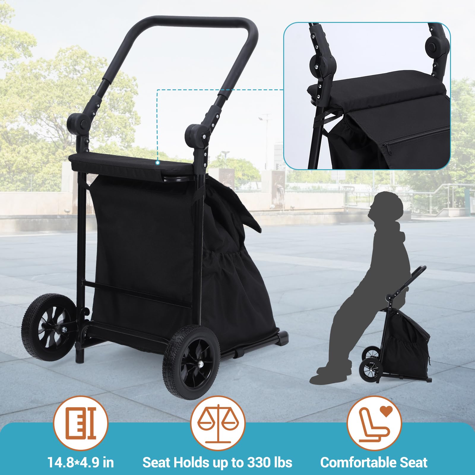 Chariot de courses pliable 2 en 1 Garvee avec siège, sac étanche de 123 L, capacité de charge de 60 kg, cadre en métal, roues tout-terrain de 17 cm, pliable pour les courses et les activités de plein air, noir