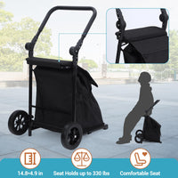 Chariot de courses pliable 2 en 1 Garvee avec siège, sac étanche de 123 L, capacité de charge de 60 kg, cadre en métal, roues tout-terrain de 17 cm, pliable pour les courses et les activités de plein air, noir