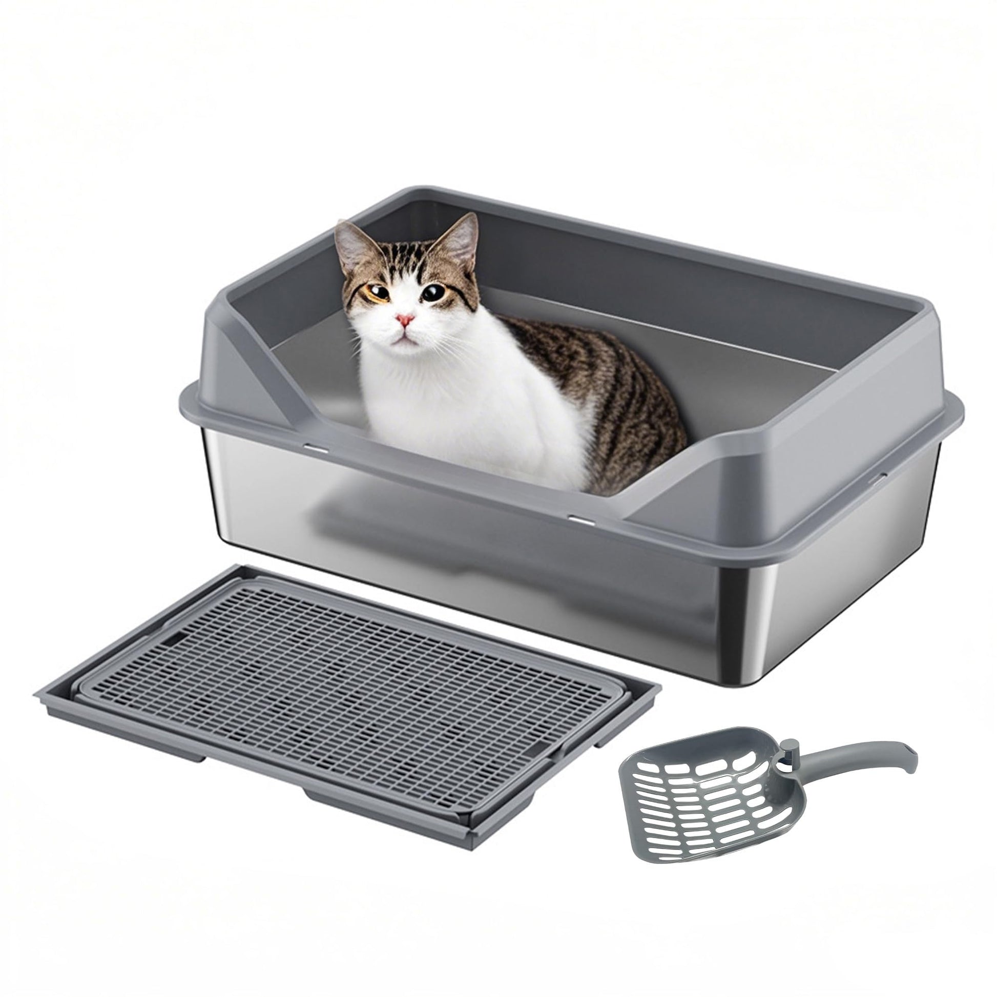 Bac à litière Garvee XL en acier inoxydable avec couvercle, profondeur 20 cm, antirouille, avec pelle à tamis, double tapis de litière, gris foncé, pour grands chats