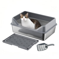 Bac à litière Garvee XL en acier inoxydable avec couvercle, profondeur 20 cm, antirouille, avec pelle à tamis, double tapis de litière, gris foncé, pour grands chats