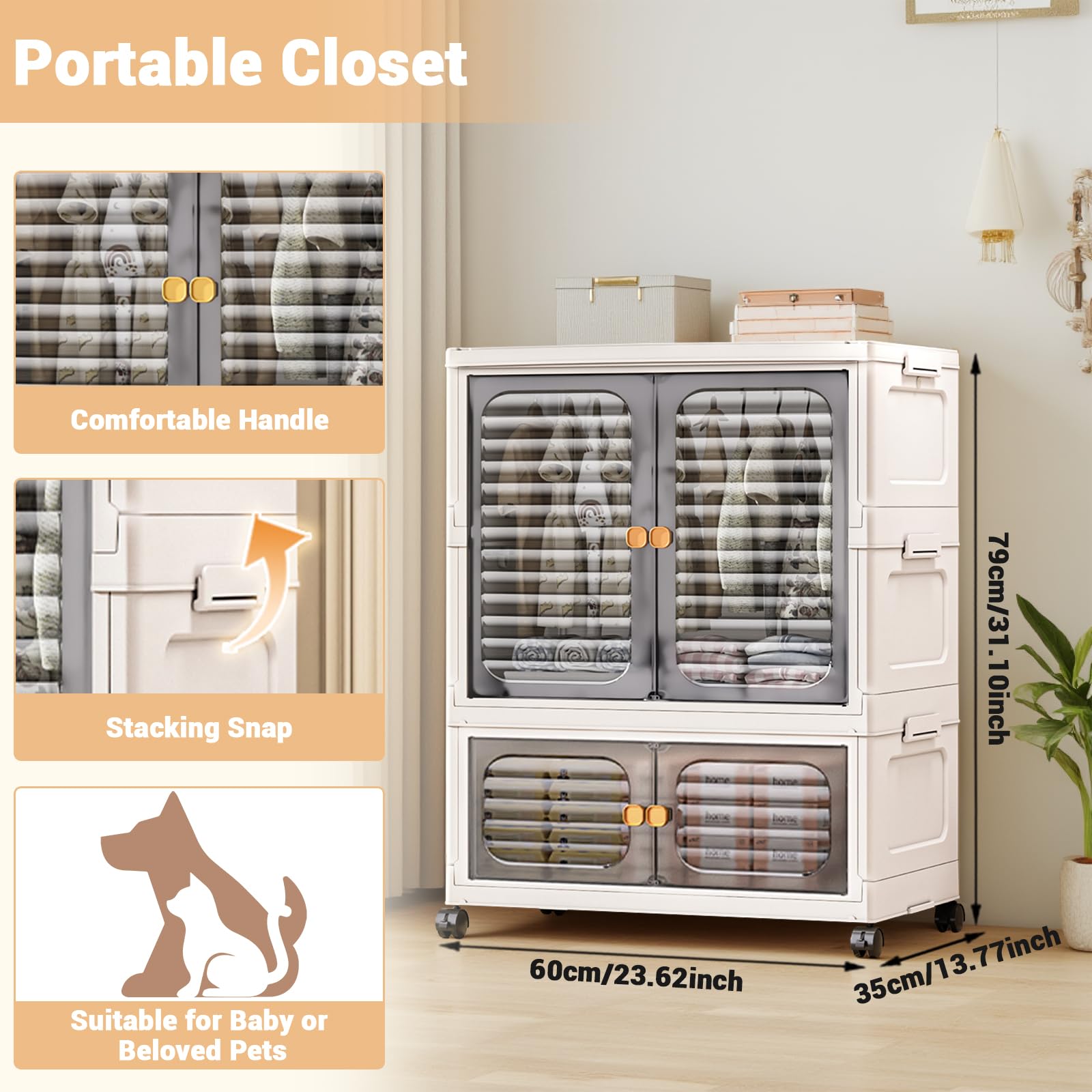 Armoire pour animaux Garvee avec boîtes de rangement empilables, roulettes, portes, pliable pour salon et chambre, robuste et polyvalente