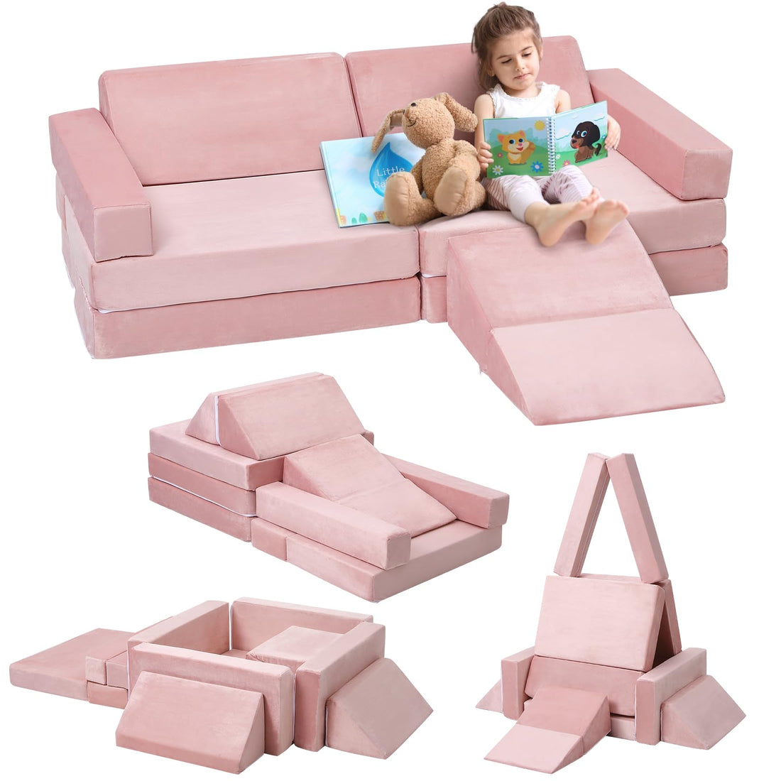 Canapé modulaire pour enfants Garvee 12 pièces, housse lavable en mousse souple et polyvalente, rose turquoise, salle de jeux