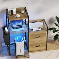 Support d'imprimante industriel Garvee à 3 niveaux avec tiroirs, éclairage LED et fonction de chargement pour une organisation optimale au bureau. Construction robuste en bois massif offrant un grand espace de rangement.