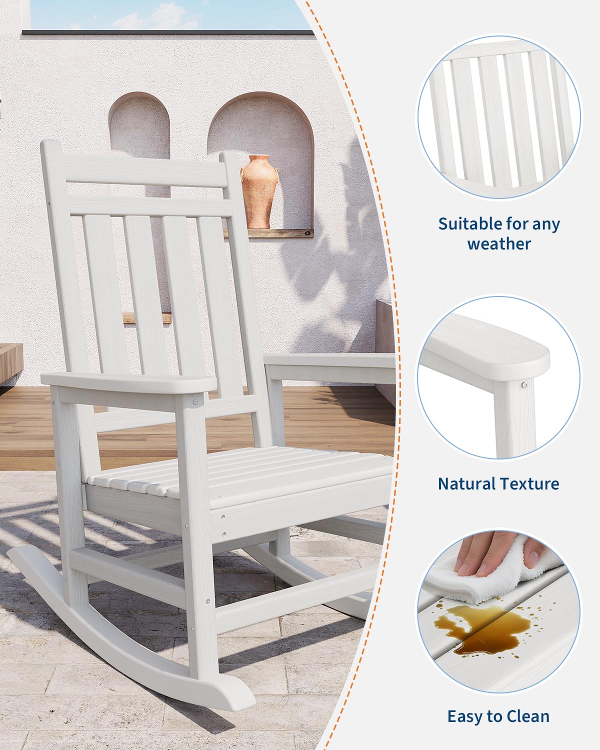 Garvee Fauteuil Adirondack à bascule en PEHD effet bois, dossier haut, résistant aux intempéries, charge 172 kg, blanc, jardin et terrasse
