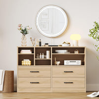 Garvee commode à 4 tiroirs avec 6 compartiments ouverts, étagères réglables, MDF, meuble TV moderne pour la chambre et le salon, chêne, 120 cm (L) × 81 cm (H)