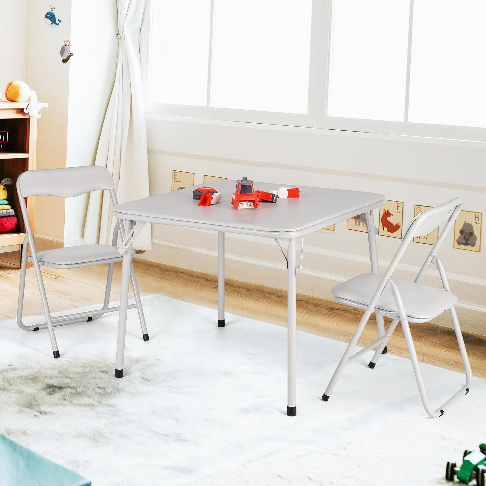 Ensemble table et chaises pliantes pour enfants Garvee, structure en métal, revêtement en PU, beige, pour manger et jouer