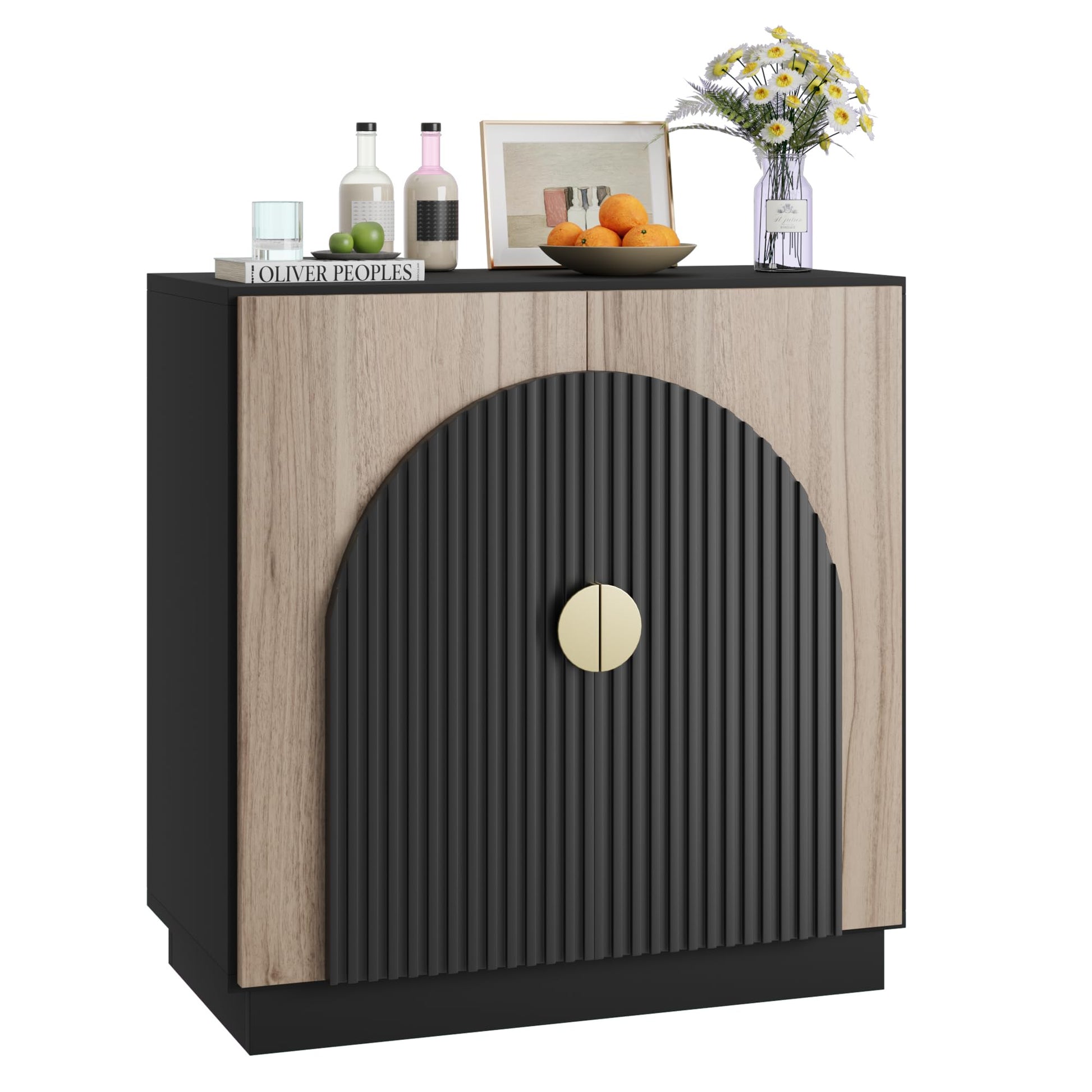 Buffet Garvee style moderne milieu de siècle avec portes cintrées, étagères réglables, coloris noir-brun, pour salle à manger et salon, modulable, panneaux de particules et MDF