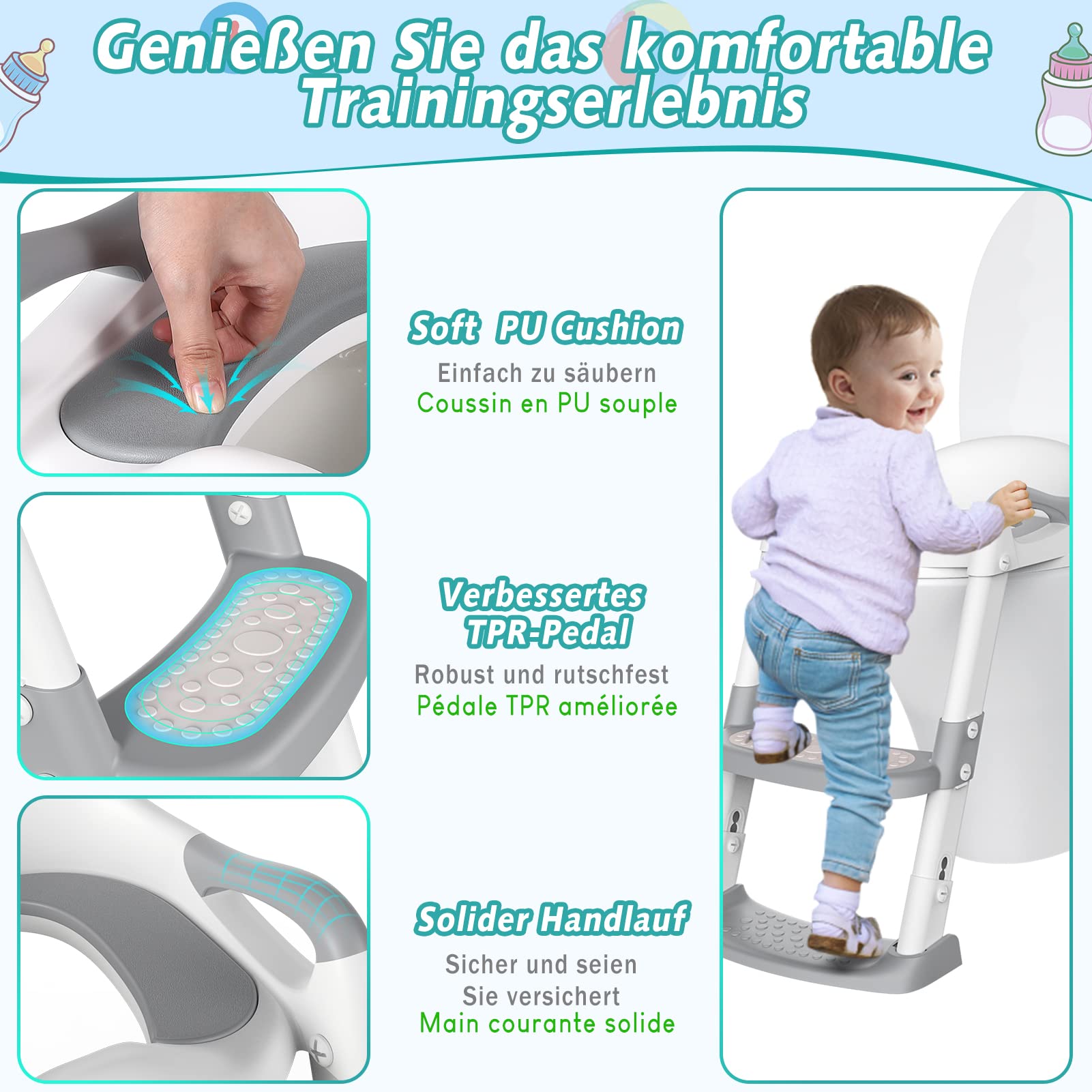 Siège de toilette enfant Garvee avec marchepieds, hauteur réglable, pliable, rembourré en PU, antidérapant, pour garçons et filles, blanc