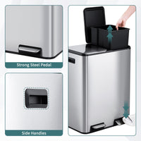 Poubelle de cuisine Garvee 2 x 30 L, en acier inoxydable, avec système de tri des déchets, double compartiment, silencieuse, couleur argent, 60 L