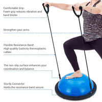 Ballon d'équilibre demi-sphère Garvee de 58 cm (23 po) avec 2 élastiques et pompe pour le yoga et la musculation. Couleur bleue. Capacité de charge : 725 kg (1 6 lb). Base antidérapante.
