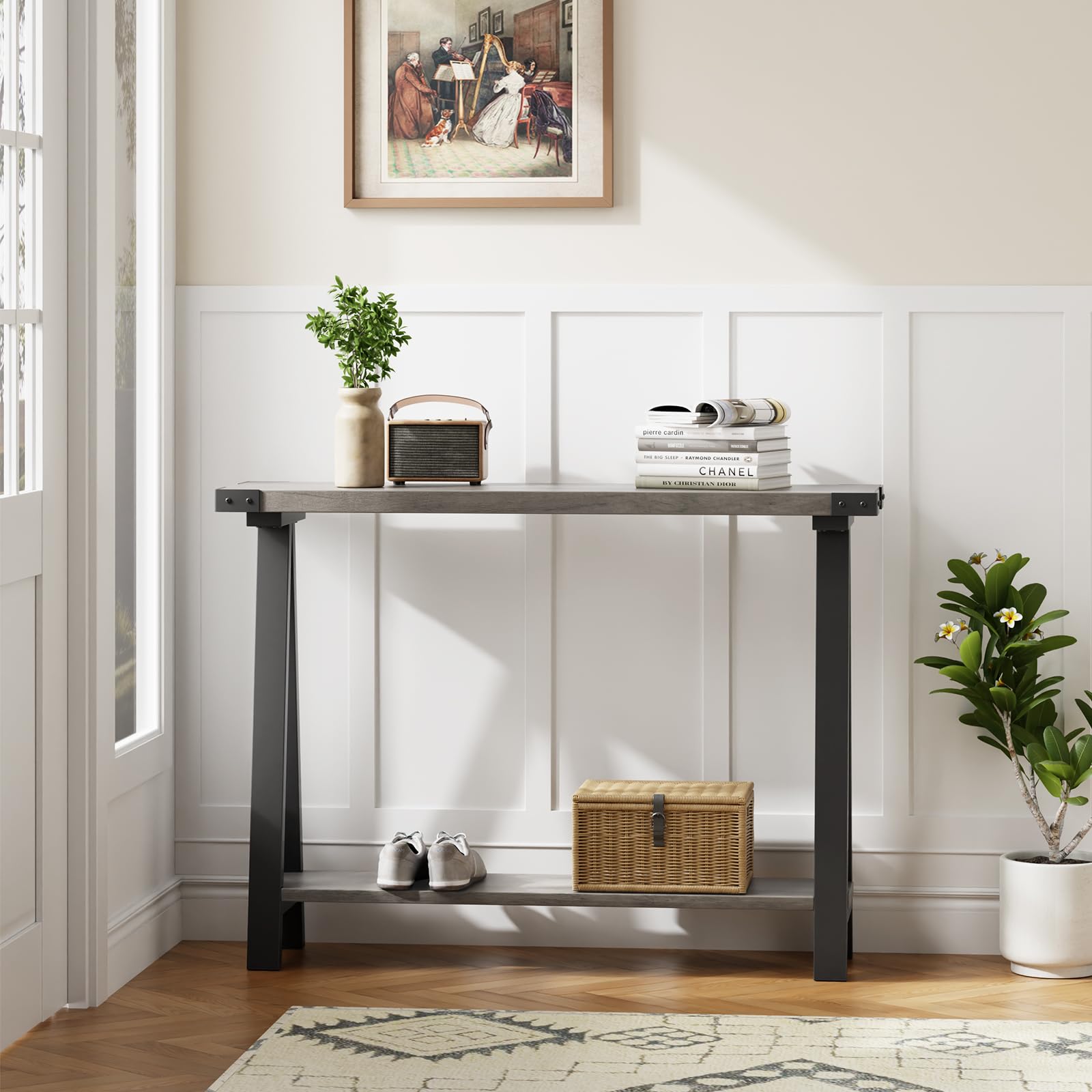 Console Garvee pour entrée, 2 niveaux, étroite, pieds en forme de R, bois, 110 cm, marron, polyvalente