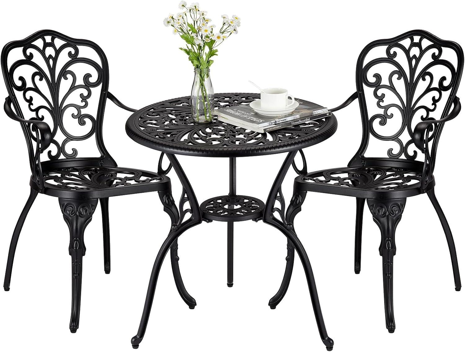 Ensemble bistro d'extérieur Garvee 3 pièces, en aluminium résistant aux intempéries et à la rouille, avec trou pour parasol, mobilier de jardin et de balcon, noir.