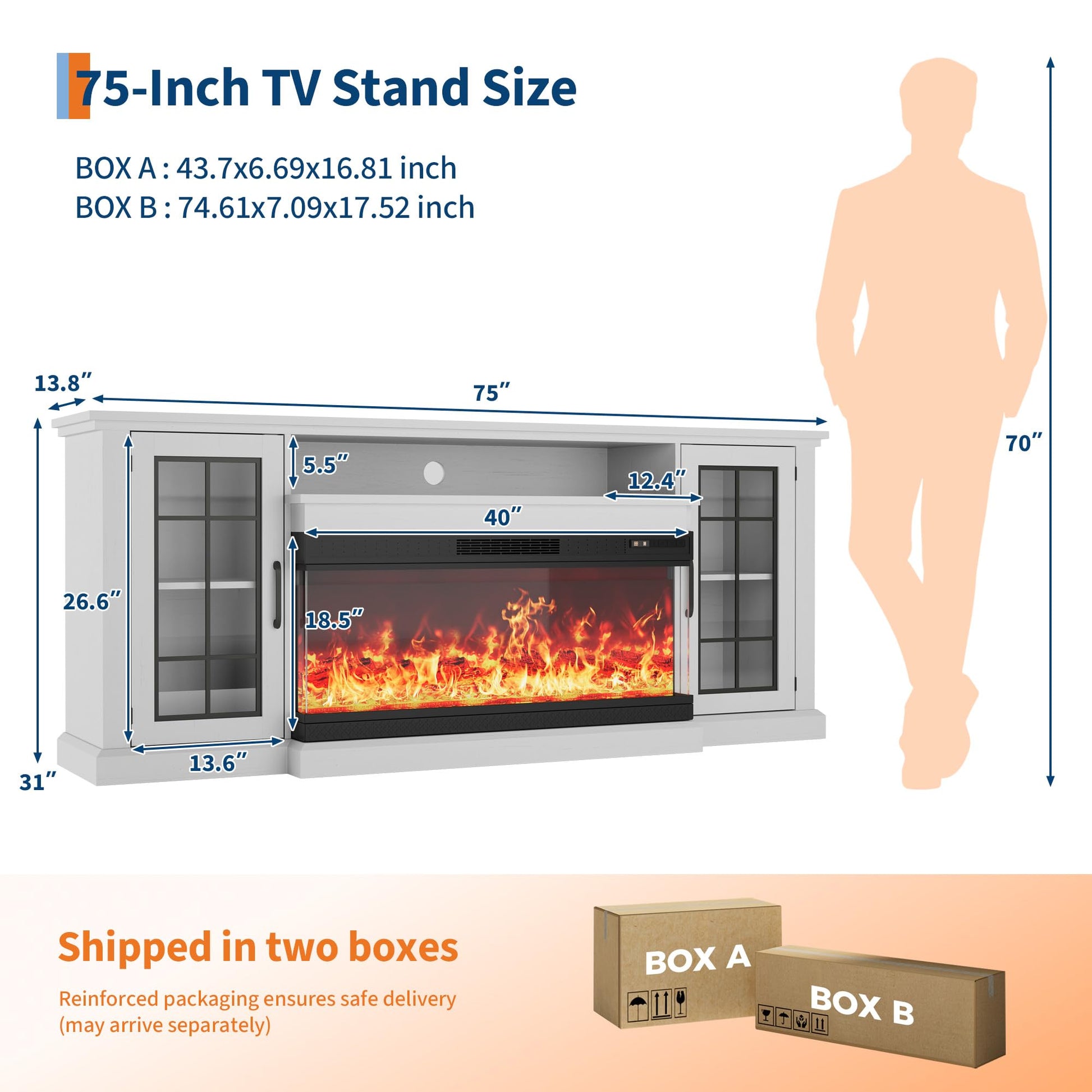 Meuble TV cheminée Garvee 75" avec façade en verre sur 3 côtés, éclairage LED flamme réglable, blanc, pour salon, panneaux de particules et MDF, façade en verre et rangement