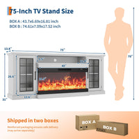Meuble TV cheminée Garvee 75" avec façade en verre sur 3 côtés, éclairage LED flamme réglable, blanc, pour salon, panneaux de particules et MDF, façade en verre et rangement