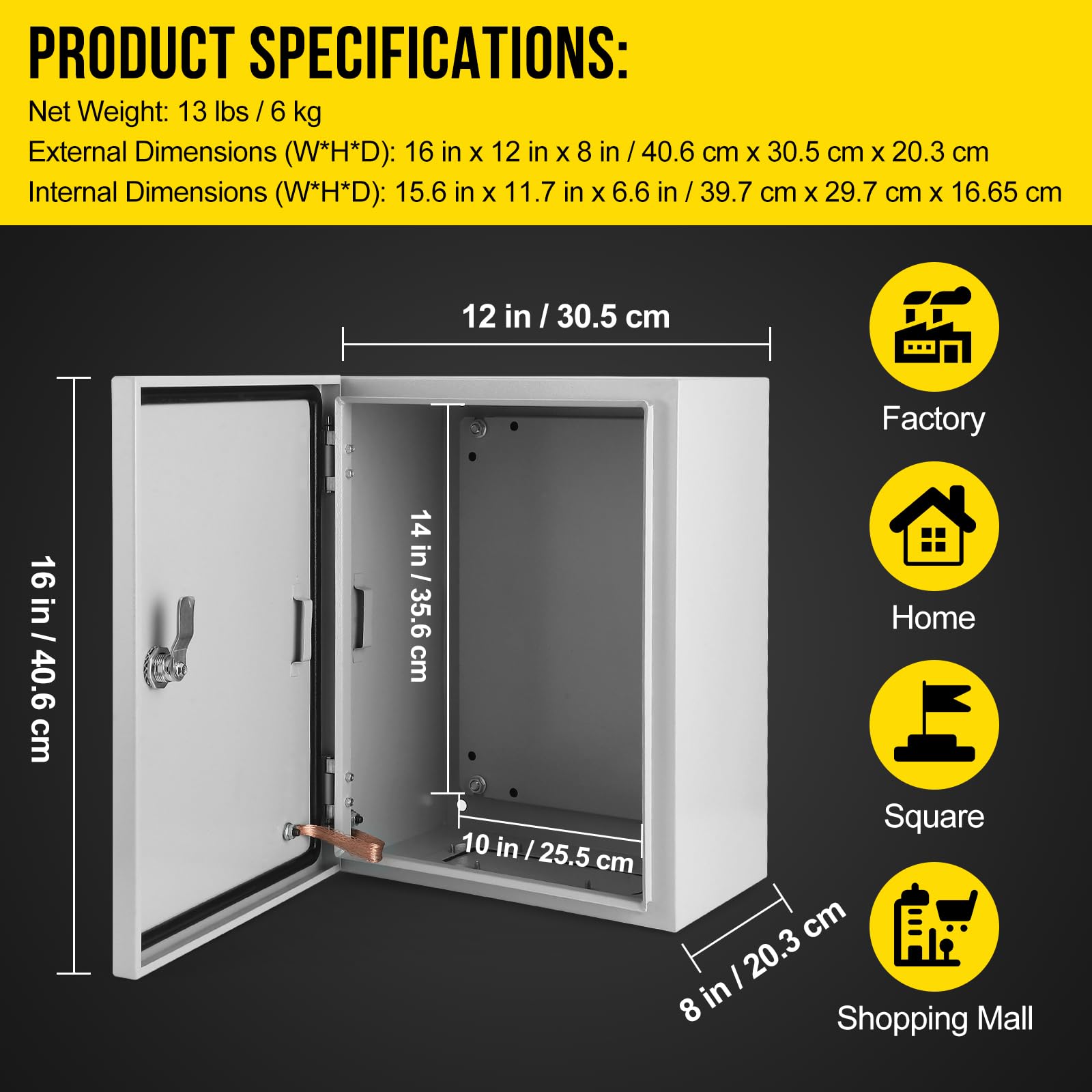 Boîtier électrique extérieur Garvee 40,6 x 30,5 x 20,3 cm (16 x 12 x 8 pouces) NEMA 4X, étanche IP66, en acier, pour l'industrie et la construction, gris.