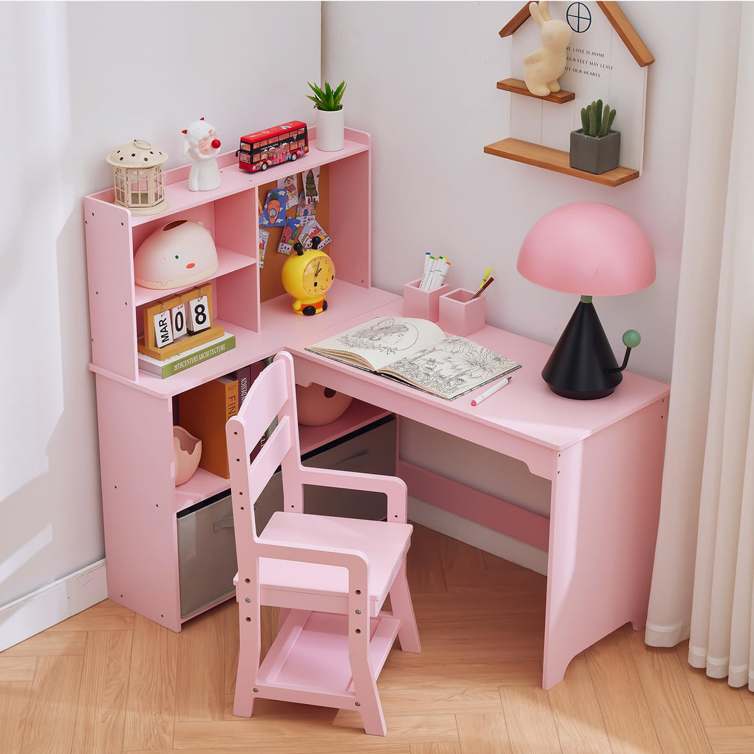 Ensemble bureau d'angle pour enfant Garvee avec tableau d'affichage et rangement, en forme de L, pour chambre d'enfant, rose, 101,6 x 106,7 x 78,7 cm