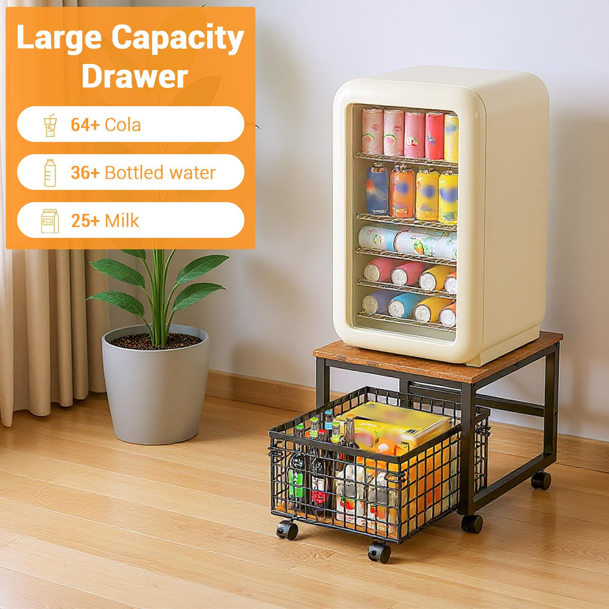 Garvee Support pour mini-réfrigérateur sur roulettes avec panier métallique pour cuisine, salon, bureau, 50 × 54 × 45, 7 cm, noir