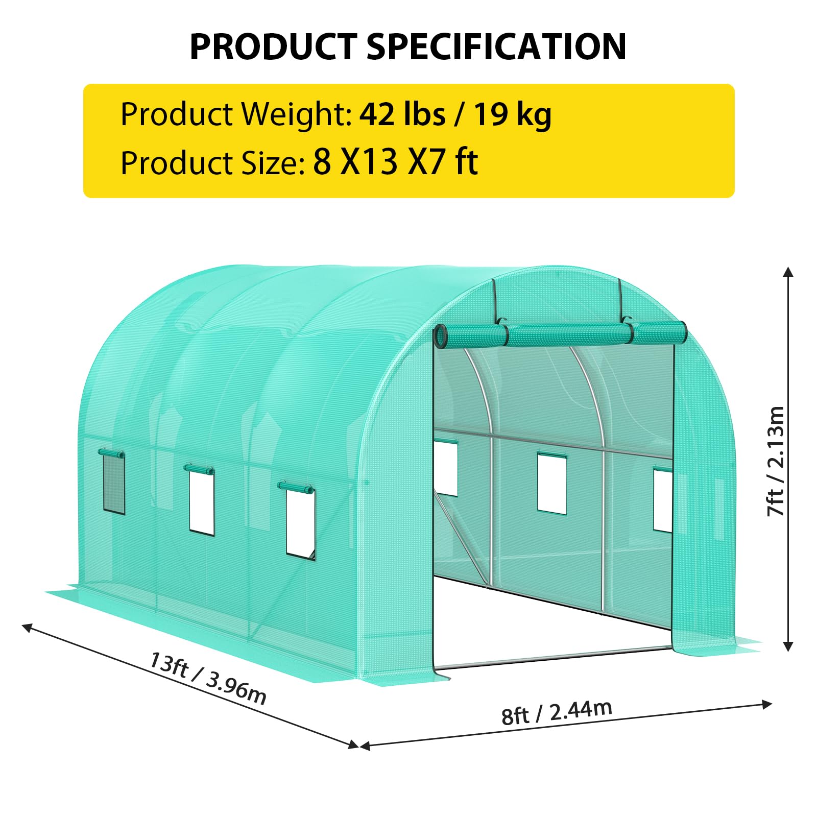 Serre Garvee 2,4 × 3,9 × 2,1 m – Structure en acier galvanisé avec 6 fenêtres et 2 portes zippées, bâche en PE, résistante au vent et aux intempéries, verte