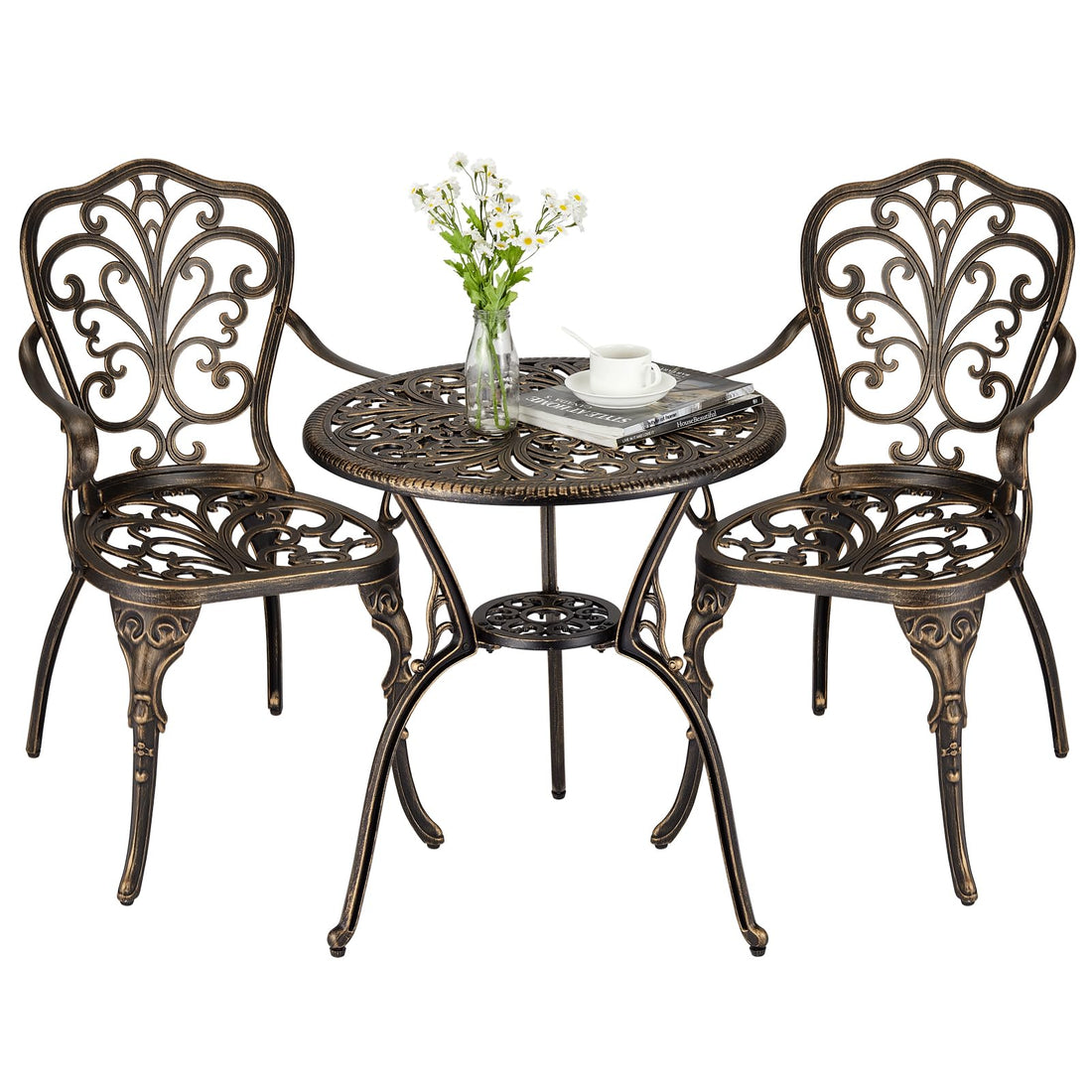 Ensemble de jardin 3 pièces Garvee en aluminium moulé avec trou pour parasol, idéal pour le jardin, le balcon et la terrasse. Finition laiton rétro, robuste et élégant.
