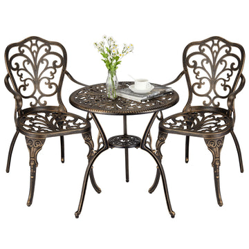 Ensemble de jardin 3 pièces Garvee en aluminium moulé avec trou pour parasol, idéal pour le jardin, le balcon et la terrasse. Finition laiton rétro, robuste et élégant.