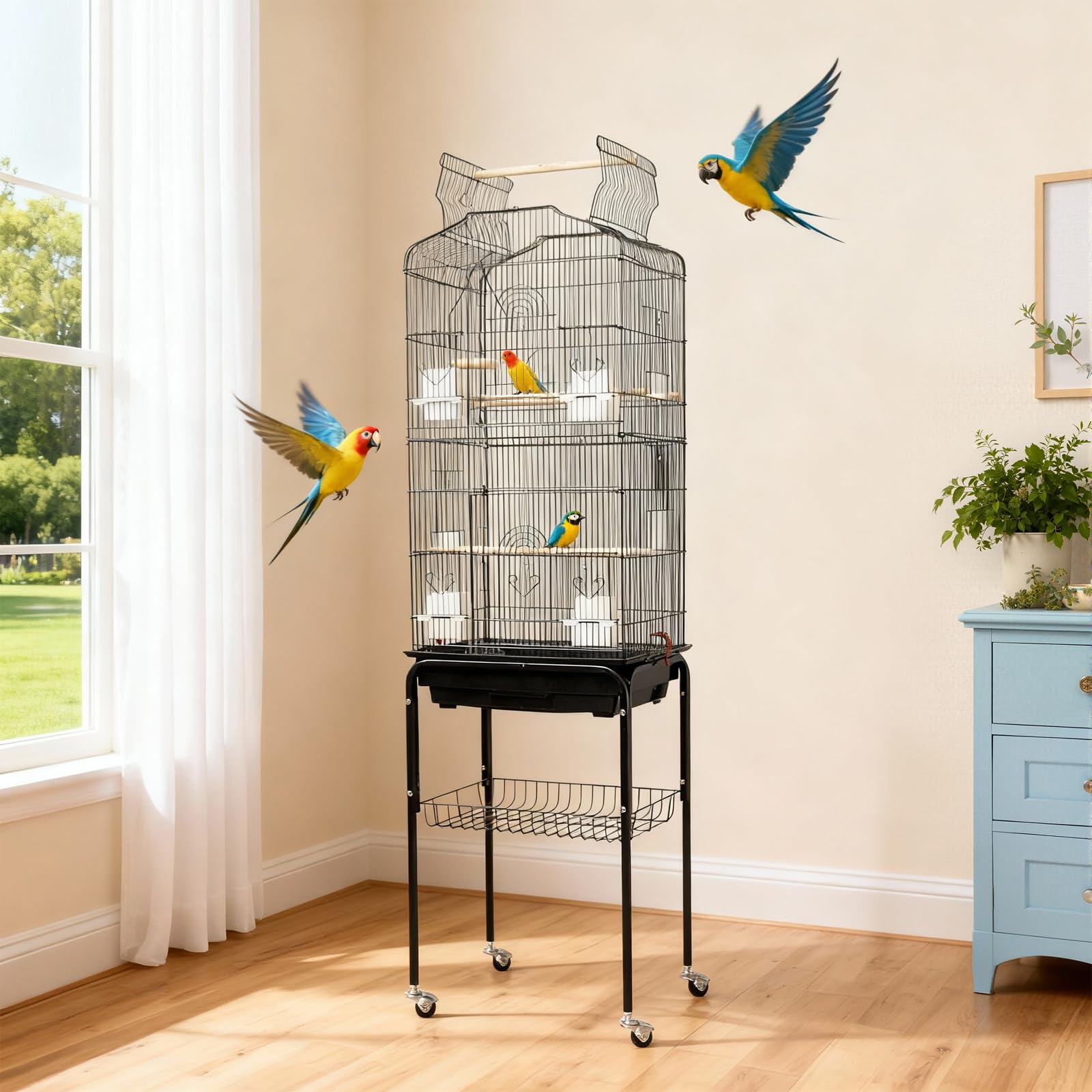 Cage à oiseaux Garvee avec plateforme de jeu, support à roulettes amovible, en métal, pour usage domestique et commercial, grand modèle, argentée