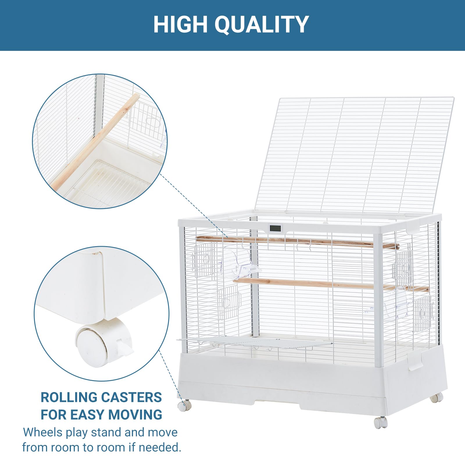 Cage à oiseaux Garvee 71 cm (28 pouces) avec thermo-hygromètre, plateau amovible et structure métallique robuste, idéale pour les perruches et les perroquets, à la maison comme en voyage.