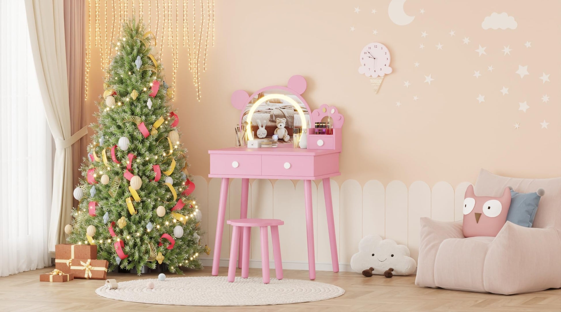 Coiffeuse Garvee pour enfant avec éclairage LED et rangement, forme ours, bois, miroir réglable, tabouret fleuri pour salle de jeux, 55 cm (L) x 38 cm (l) x 101 cm (H), couleur naturelle