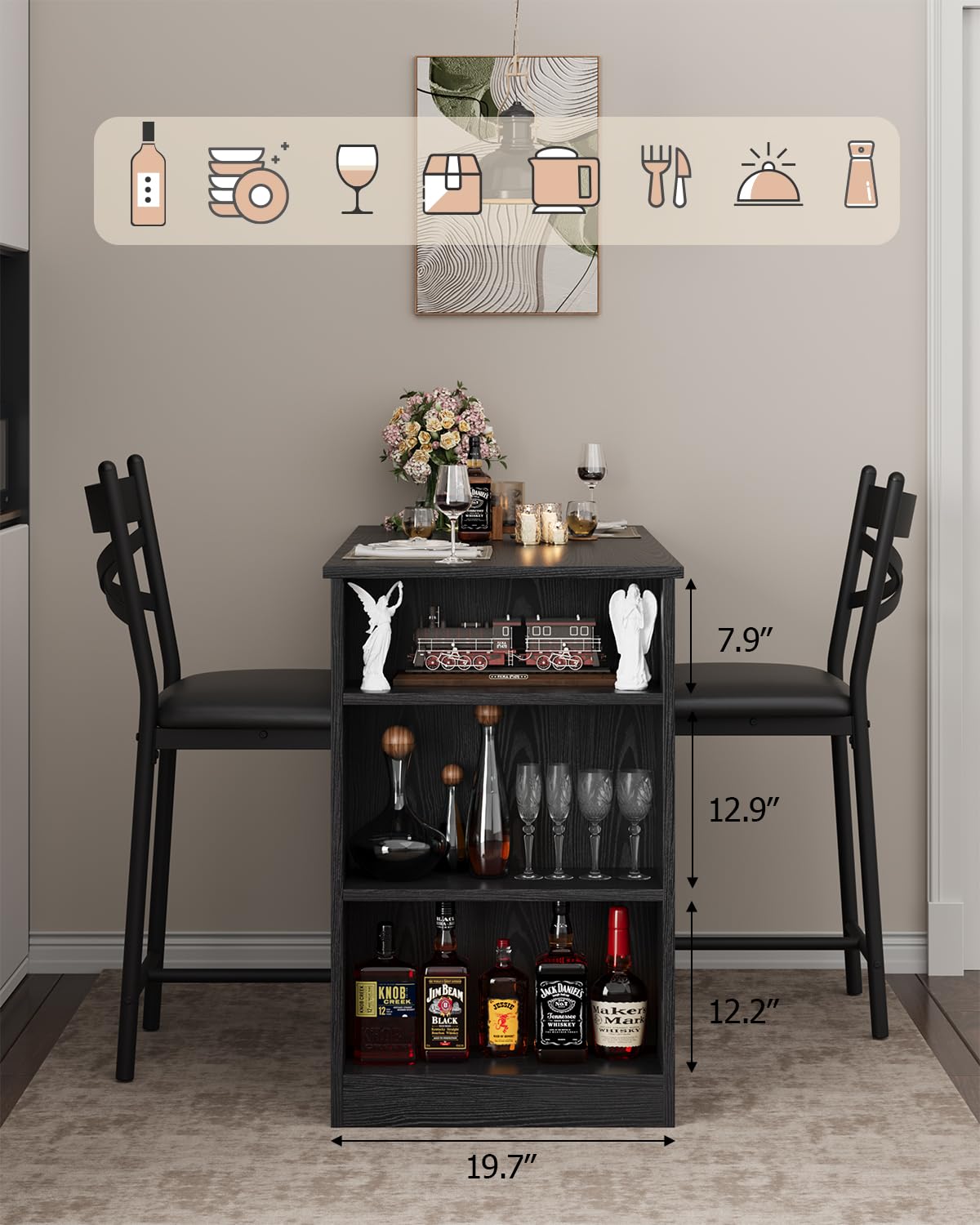 Ensemble table de bar extensible Garvee pour 2 à 4 personnes, coussins de 40 cm de large, MDF durable, espace de rangement, noir, idéal pour les petits appartements
