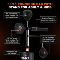 Sac de frappe Garvee 5 en 1 avec support pour adultes, réglable de 63 à 90,5 pouces, en cuir PU, pour l'entraînement de kickboxing, noir.