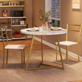 Ensemble table et chaises de salle à manger Garvee pour 2 personnes, table de cuisine ronde moderne avec chaises rembourrées, marbre blanc et or, MDF et acier, gain de place pour les petites pièces - Blanc