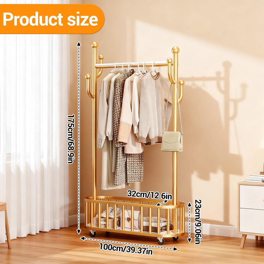 Garvee Ptant à vêtements à roulettes avec structure en métal, roulettes pivotantes à 360°, grand panier pour chambre et boutique, 100 × 175 cm, couleur métallisée, or, 100 × 32 cm