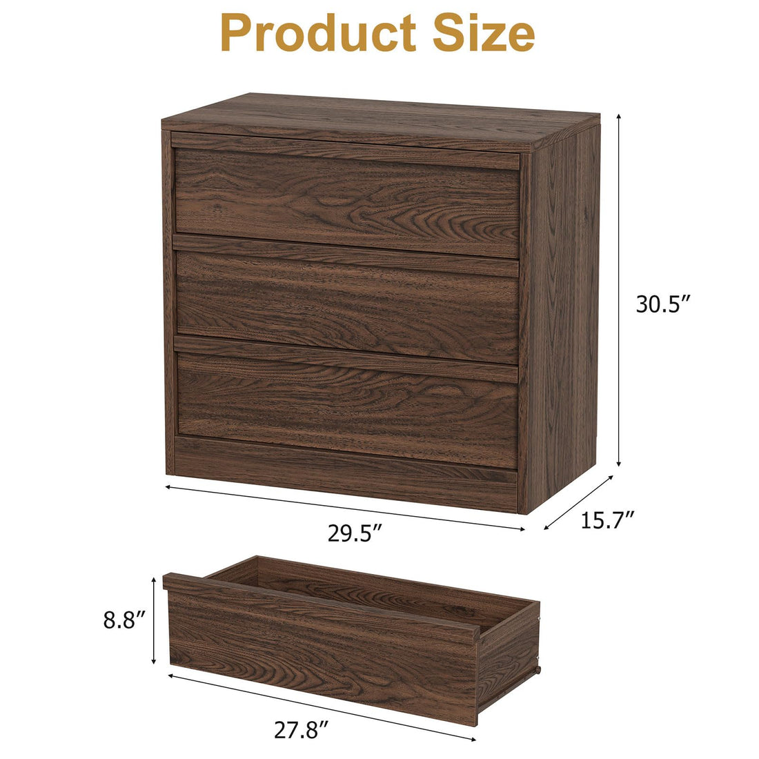 Garvee Commode 3 tiroirs 75 × 40 × 77 cm, grand espace de rangement, structure en bois, pour chambre et salon, finition noyer