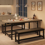 Garvee Ensemble de table à manger extensible 4-6 personnes avec bancs rembourrés cuir, protection coins, compact appartement, bois MDF, facile montage - Gris rétro