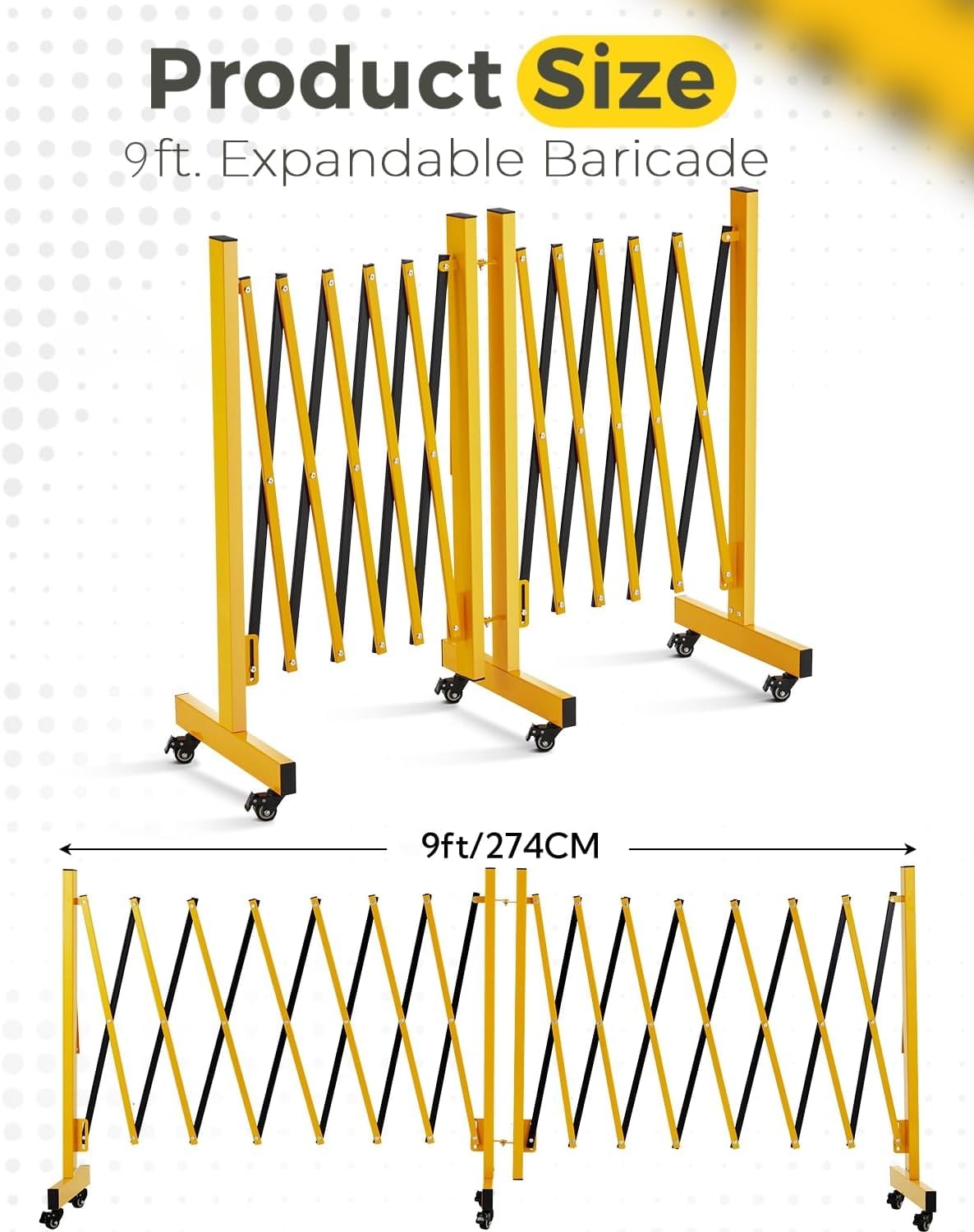 Garvee Barrière de sécurité extensible 274 cm, métal pliable avec roulettes, robuste, pour circulation, jaune et noir