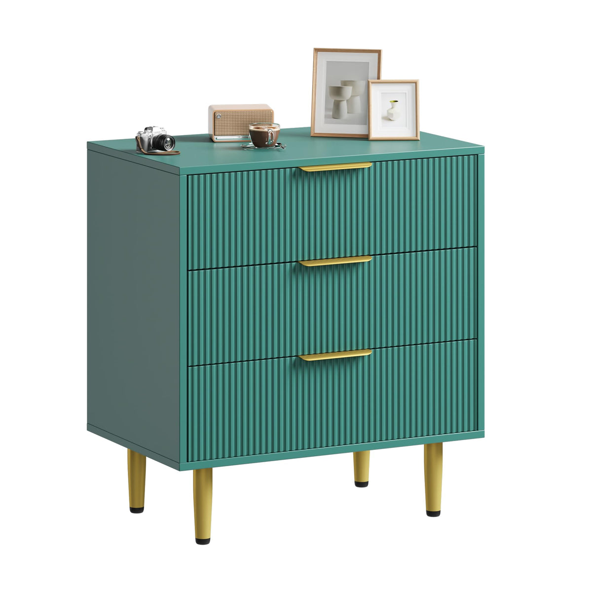 Garvee commode à 3 tiroirs, structure cannelée en MDF, poignées et pieds en métal, vert, protection anti-basculement pour la chambre et le couloir