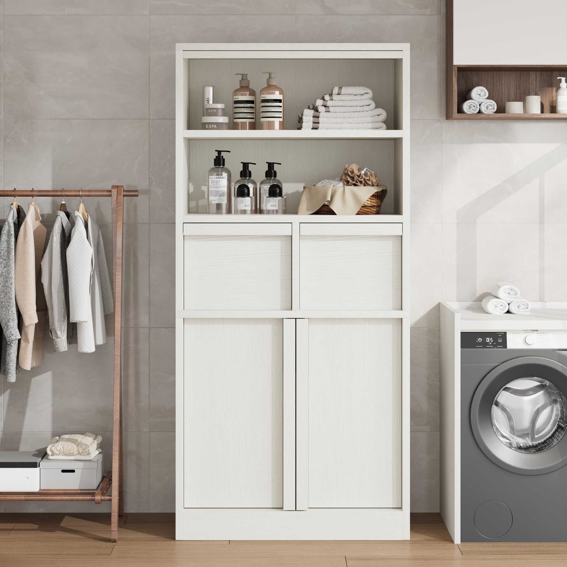 Meuble de salle de bain Garvee grand format avec portes et 2 tiroirs, MDF, blanc, autoportant, imperméable, résistant aux rayures, 130 cm de hauteur, polyvalent pour salle de bain et salon