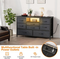Garvee commode à 8 tiroirs, structure en métal, éclairage LED, 3 prises électriques, 2 ports USB, idéale pour la chambre et le salon, 121 × 37 × 76 cm, gris