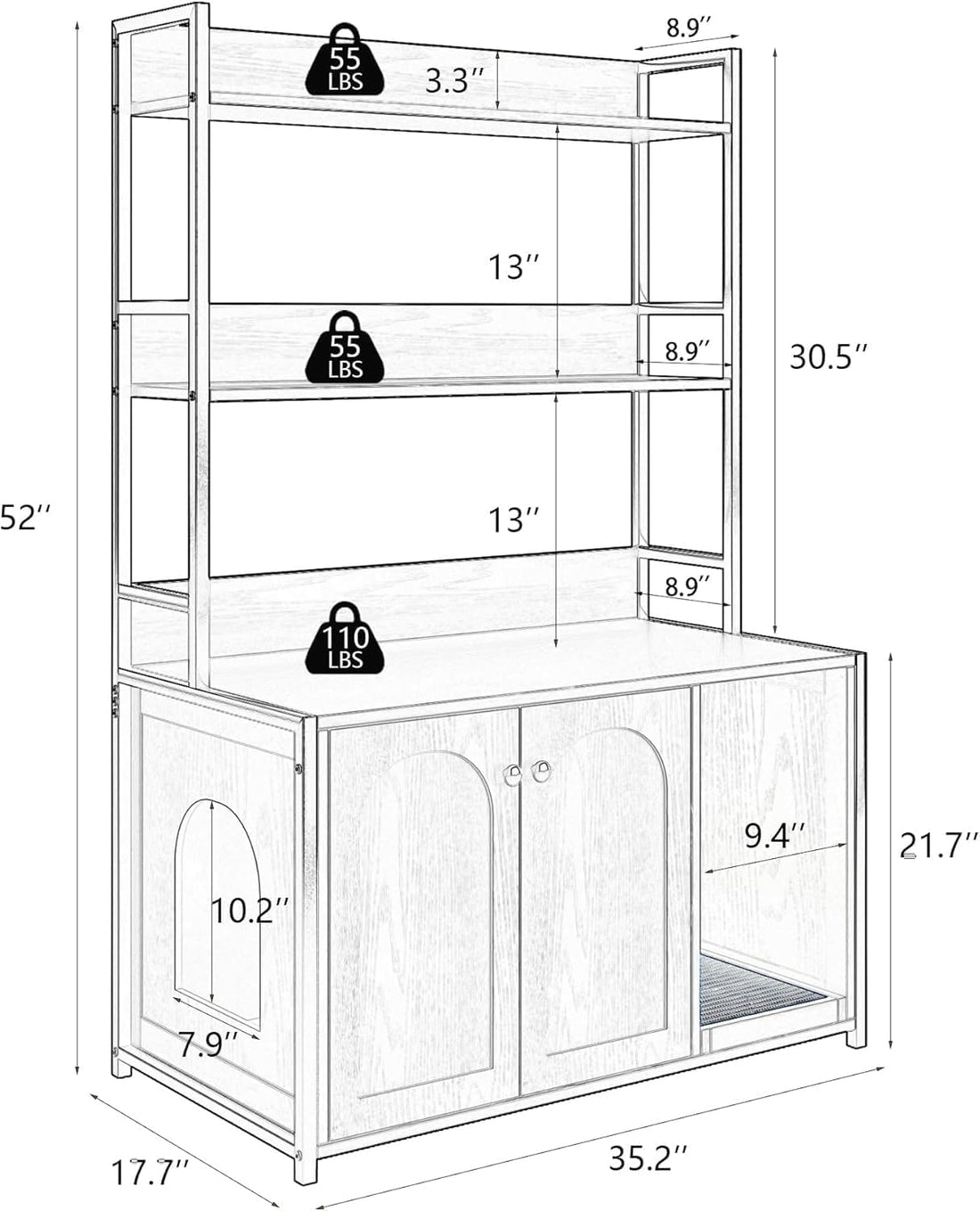 Garvee enclos pour bac à litière avec 2 portes, 2 étagères, griffoir pour usage intérieur, noir, MDF et acier, espace caché pour le chat, étagère intégrée