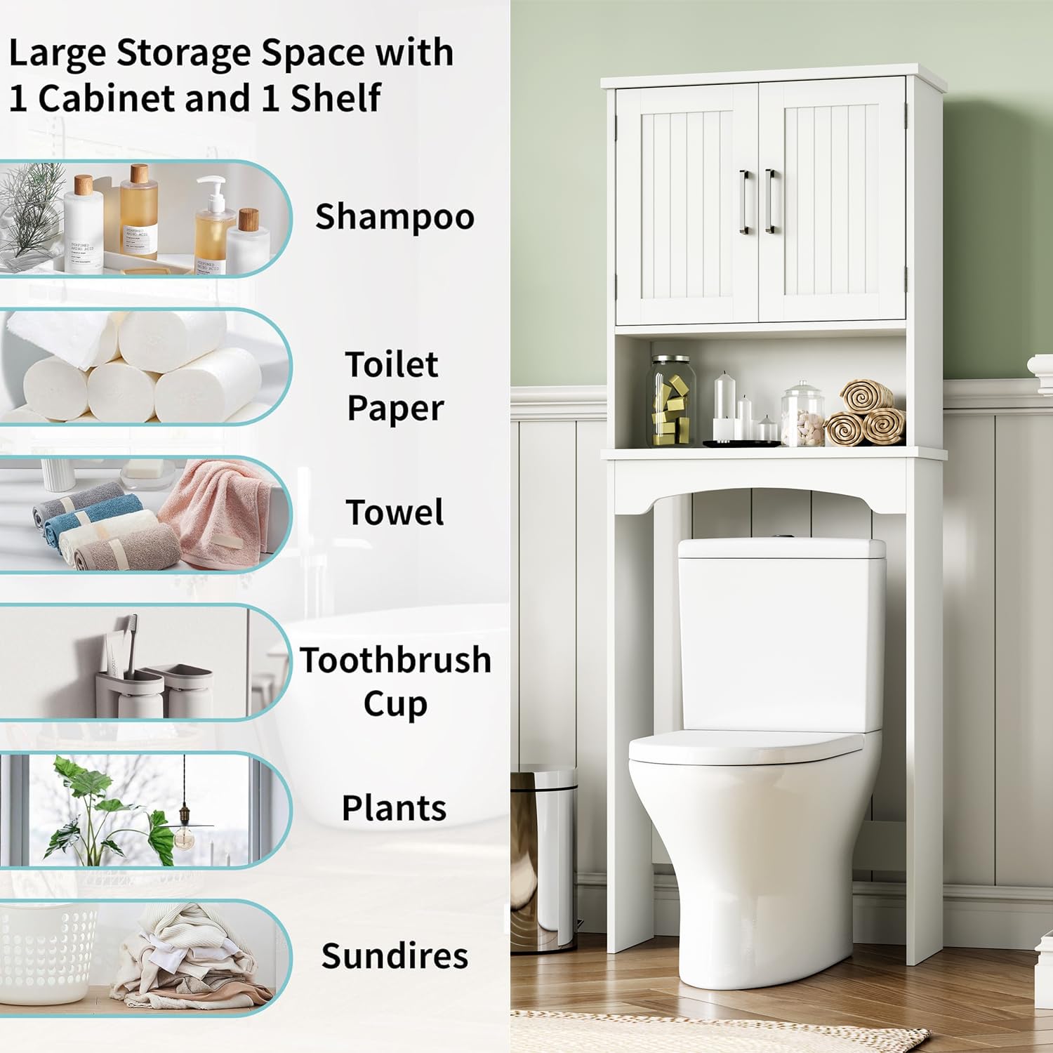 Meuble de rangement Garvee à suspendre au-dessus des toilettes, en MDF avec double porte et protection anti-basculement, pour salle de bain et buanderie, blanc, gain de place, polyvalent