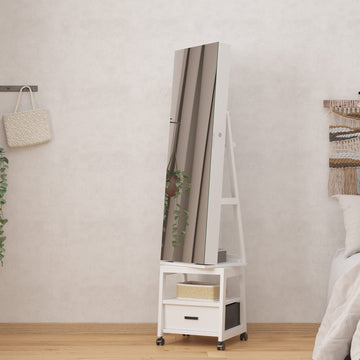 Armoire à bijoux Garvee, miroir de maquillage pivotant à 360°, en bois, verrouillable, sur roulettes, grande capacité, blanc, pour salon ou chambre.