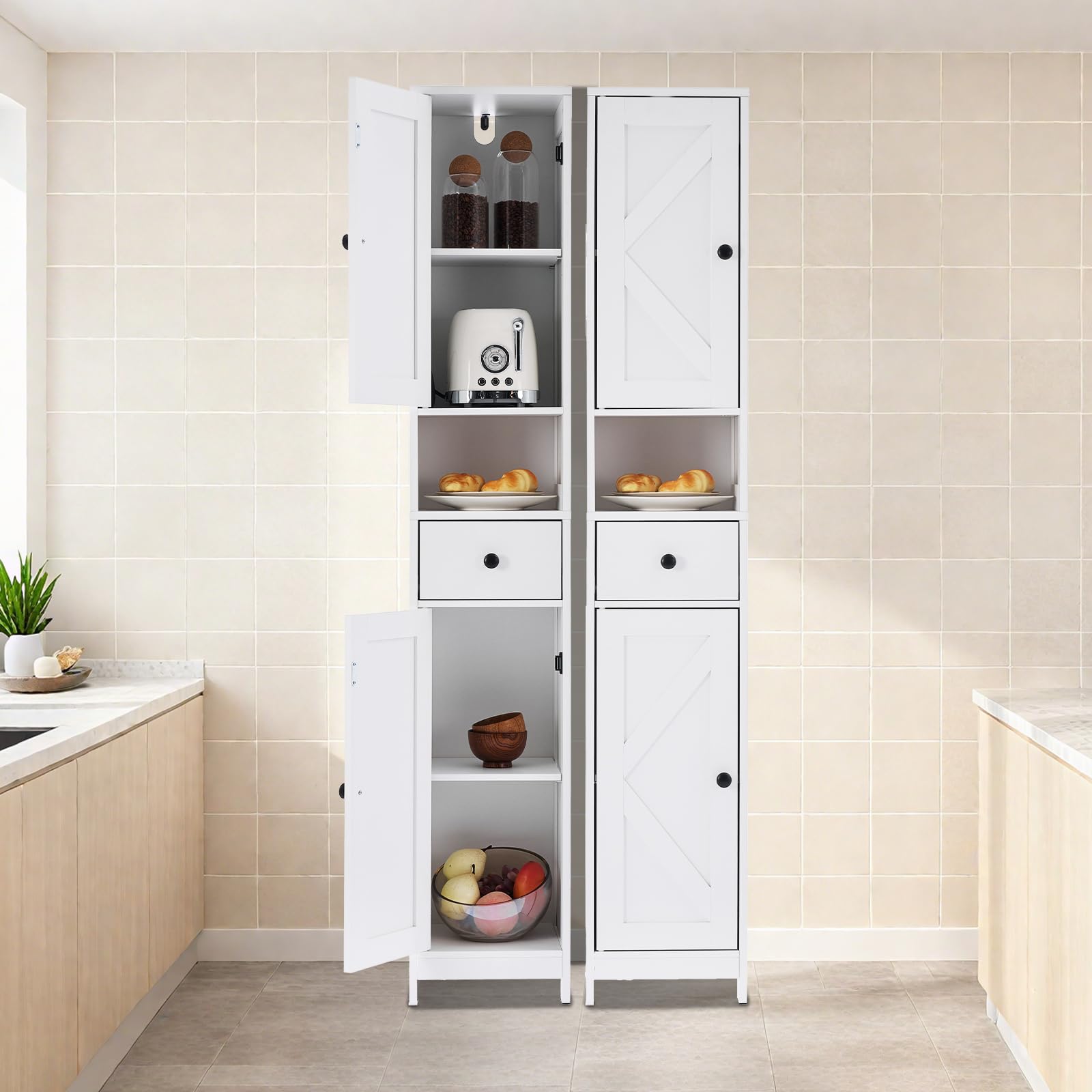 Armoire de salle de bain haute Garvee avec 2 étagères réglables, autoportante, en MDF durable, design blanc moderne, gain de place pour salle de bain et cuisine